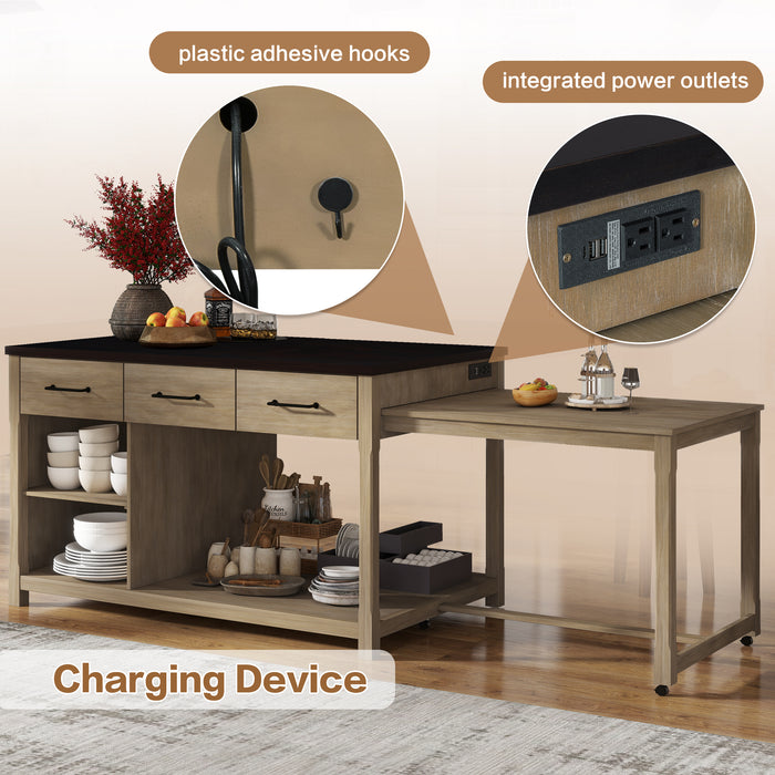 Extendable Kitchen Island with Storage, Multi-Functional Kitchen Cart with Built-In Power Outlets, Retro Kitchen Island on Wheels with Drawers and Open Shelves for Kitchen (Espresso+Natural) - DTYStore