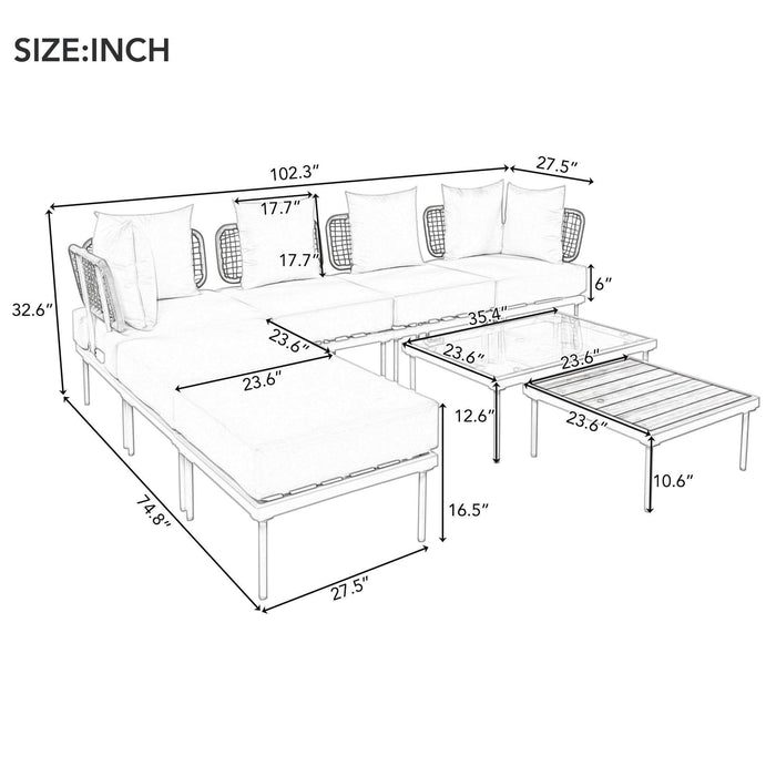 8-Piece Patio Sectional Sofa Set with Tempered Glass and Wooden Coffee Tables for Outdoor Oasis