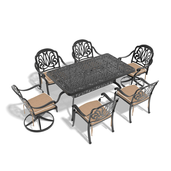 7-Piece All-Weather Cast Aluminum Dining Set, Include 2 Swivel Chairs,4 Dining Chairs and Rectangular Table With Black Frame - DTYStore