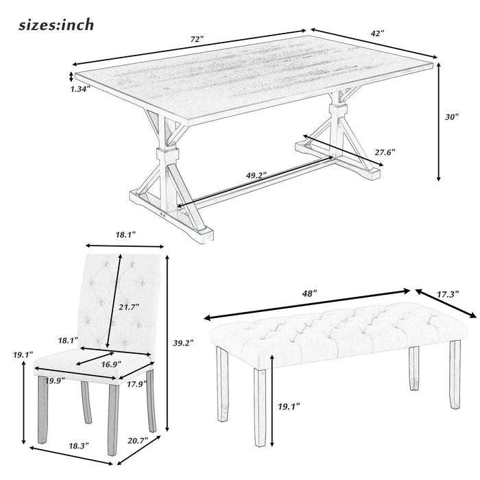 6-Piece Farmhouse Dining Table Set 72" Wood Rectangular Table with Upholstered Chairs and Bench