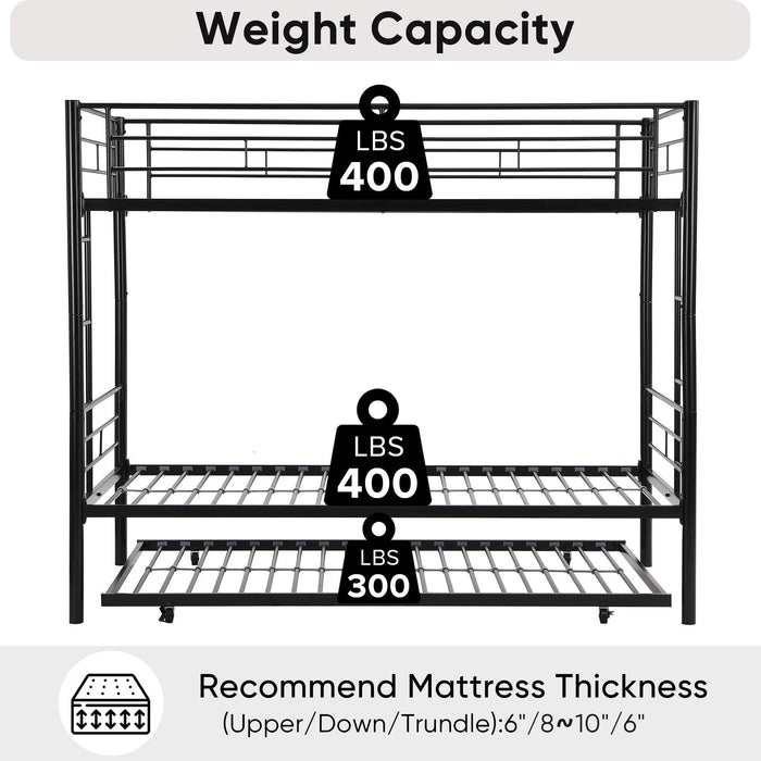 Over Twin Bunk Bed Frame with Trundle,Metal Bunkbed with Sturdy Guard Rail and 2 sideLadders for Kids/Adults,Can be Divided Into Two Beds, No Box Spring Needed, Noise Free for Dorm,Black