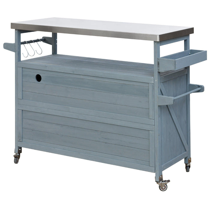 K&K Outdoor Kitchen Island, Rolling Bar Cart & Storage Cabinet, Farmhouse Solid Wood Outdoor Grill Table with Stainless Steel Top, Spice Rack , Towel Rack for Kitchen & BBQ , Grey Blue