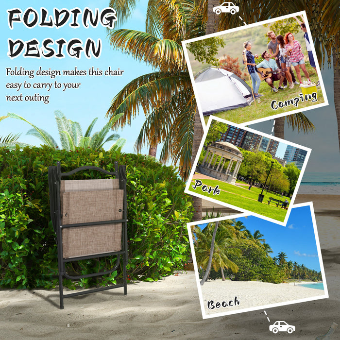 Outsunny Folding Patio Chairs, Set of 4 Sports Chairs for Adults, Camping Chairs with Armrests, Breathable Mesh Fabric Seat for Lawn, Brown - DTYStore