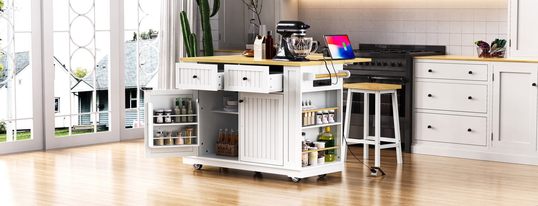 48inch Large Kitchen Island with 2 Bar Stools, Power Outlet, Door Internal Storage Rack, Kitchen Storage Cart on 5 Wheels with Drop Leaf, 5 Open Side Racks, 2 Drawers,for Kitchen,Dining Room,White - DTYStore