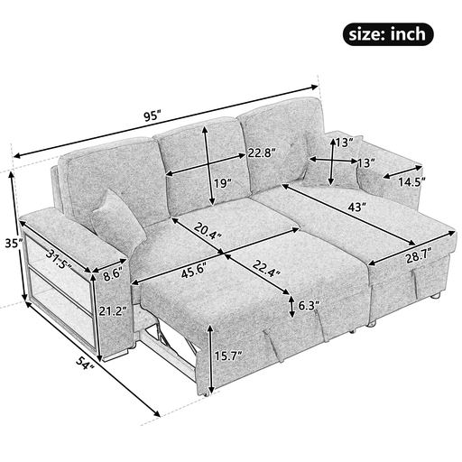 Reversible Sleeper Sectional Sofa Bed with Side Shelf and 2 Stools,Pull-Out L-Shaped Sofa Bed,Corner Sofa-Bed with Storage Chaise Left/Right Hande for Living Room,Knox Charcoal - DTYStore