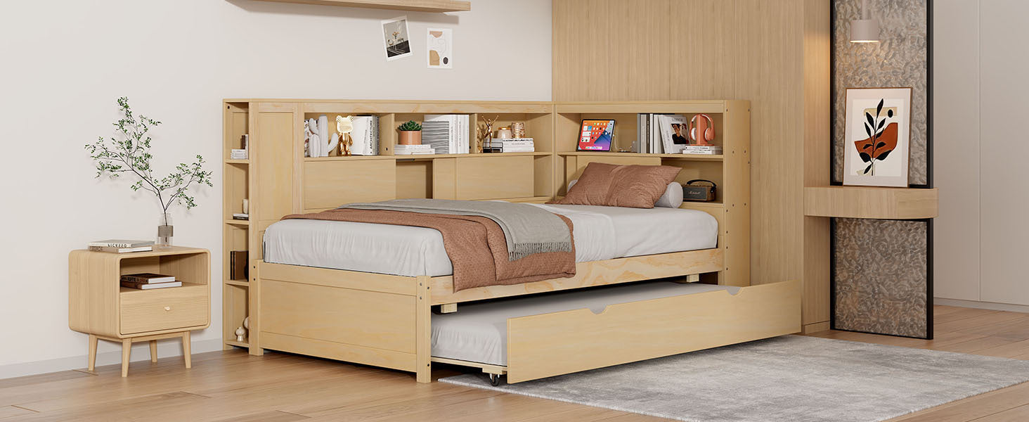 Twin Size Wood Daybed with Storage Shelves, USB and Trundle, Natural - DTYStore