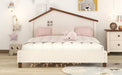 Full Size Wood Platform Bed with House-shaped Headboard (Cream+Walnut)