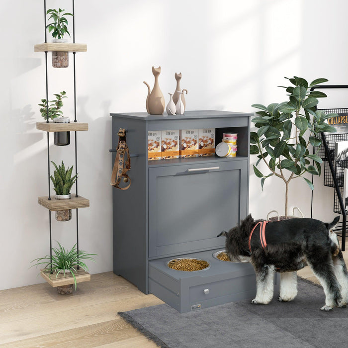 Pet Feeder Station, Storage Cabinet Dog Food Storage Container with Raised Dog Bowls and Hanger for Feeding & Watering Supplies, Gray - DTYStore