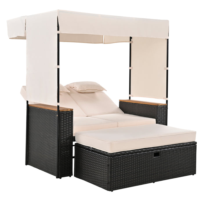 2-Piece Outdoor Rattan Daybed, Outdoor Bed with 5 Positions, Outdoor Loveseat Patio Sofa with Bench Lounge Roof Set and Cushions for Poolside, Backyard and Garden (Brown Wicker + Beige Fabric) - DTYStore