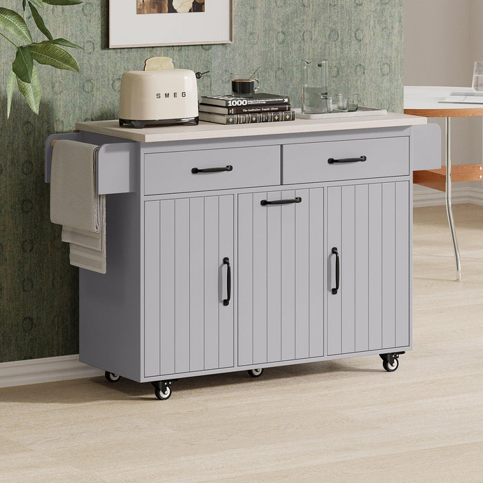 K&K Kitchen Island with Trash Can Storage Cabinet, Kitchen Cart with Drop Leaf, Spice Rack, Towel Rack and Drawer, Rolling Kitchen Island on Wheels with Adjustable Shelf, Grey