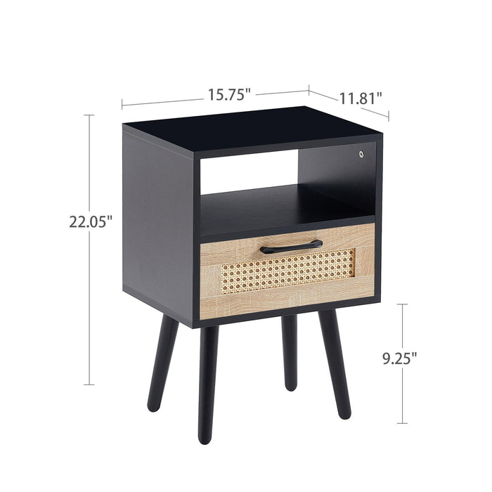 15.75" Rattan End table with drawer and solid wood legs, Modern nightstand, side table for living room, bedroom, black - DTYStore
