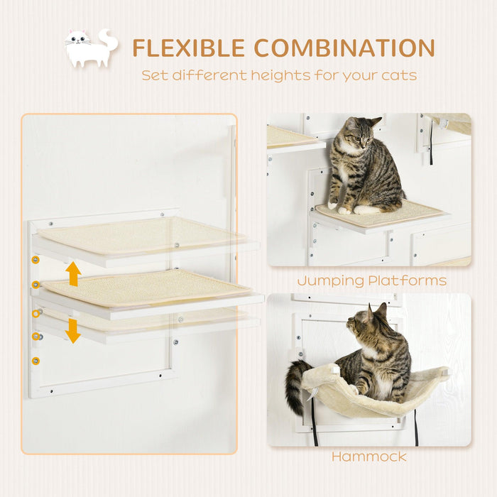 6-pc Modern Cat Wall Shelves for Indoor Cats, Height Adjustable Jumping Platforms & Cat Hammock, Cat Shelves and Perches for Wall-Mounted Cat Tree, Cat Climbing Shelf Set, Cream