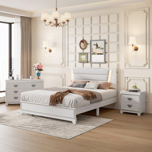 3-Pieces Bedroom Sets Queen Size Upholstered Bed with LED Lights, Nightstands and Dresser with Metal Handles and Sparkling Shiny Decoration, White - DTYStore