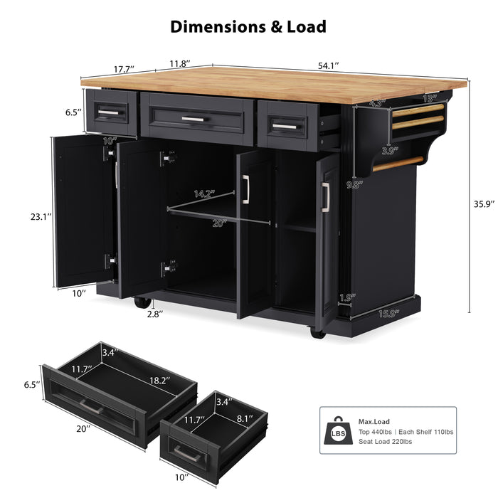 54inch Large Kitchen Island with Rubber Wood Drop Leaf, Embossed Texture Rolling Kitchen Cart on 4 Wheels with 4 Doors and 3 Drawers, Kitchen Island with Storage for Kitchen, Dining Room,Black - DTYStore