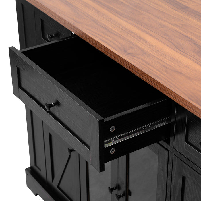 53'' Farmhouse Kitchen Island with Two Tempered Glass Cabinet Doors, Power Outlet, Rolling Kitchen Cart on Wheels with Drop Leaf, 5 Open Side Racks, 3 Drawers, for Kitchen, Dining Room, Black - DTYStore