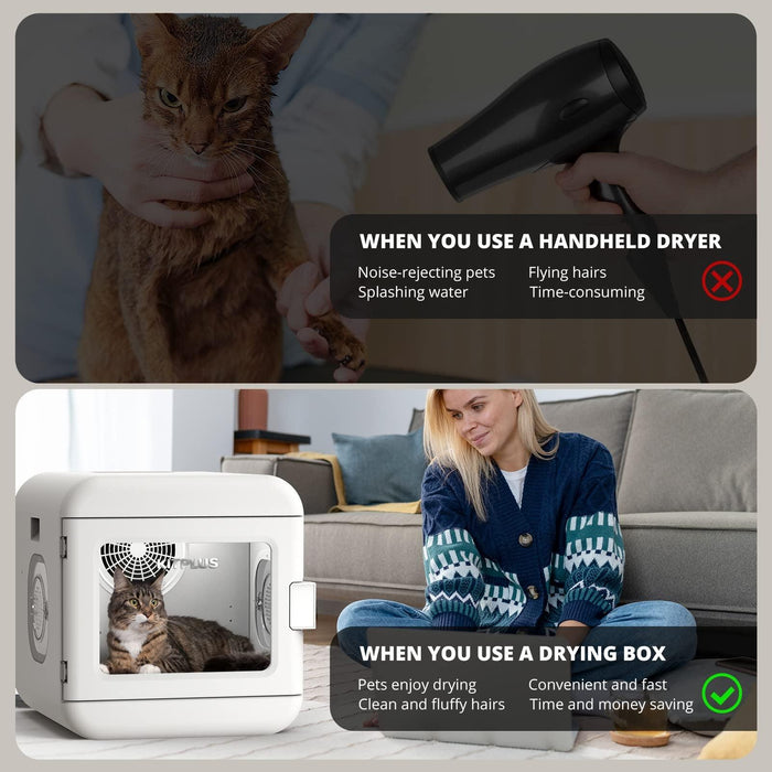 Pet Hair Dryer Box, Ultra Quiet Blow Dryer 6L Capacity for Cats and Small Dogs, Professional Fast Drying Blower, Intelligent Control, Adjustable Temperature and Time, 360 Degree Warm Wind - DTYStore