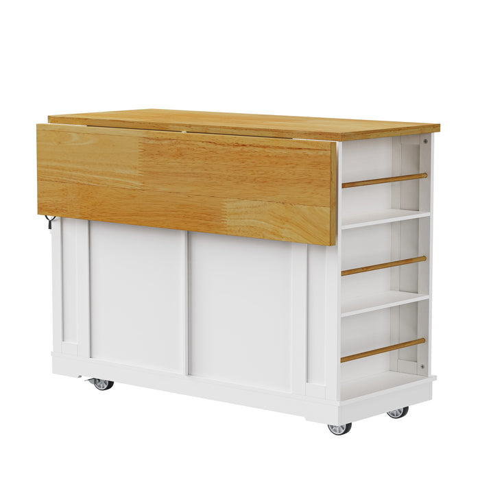 48inch Large Kitchen Island with 2 Bar Stools, Power Outlet, Door Internal Storage Rack, Kitchen Storage Cart on 5 Wheels with Drop Leaf, 5 Open Side Racks, 2 Drawers,for Kitchen,Dining Room,White - DTYStore