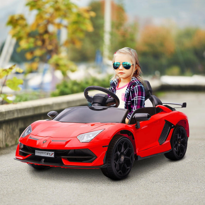 Lamborghini Aventador Licensed Kids Ride on Car with Scissor Doors, Easy Transport, 12V Electric Car for Kids with Remote Control, Suspension System, Horn, Music, Lights, Red