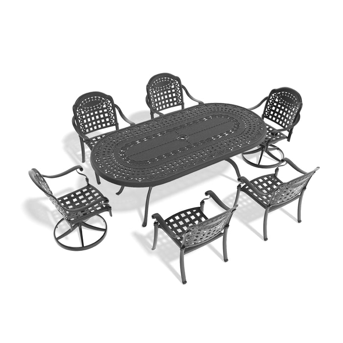 7-Piece All-Weather Cast Aluminum Dining Set, Include 2 Swivel Chairs,4 Dining Chairs and Oval Table With Black Frame - DTYStore