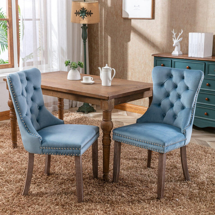 Nikki Collection Modern, High-end Tufted Solid Wood Contemporary Velvet Upholstered Dining Chair with Wood Legs Nailhead Trim 2-Pcs Set,Light Blue