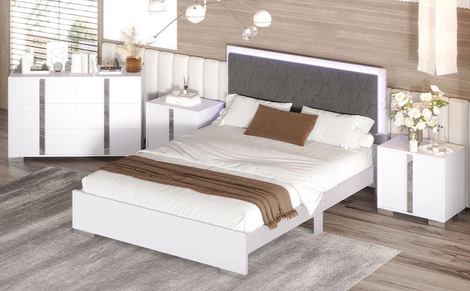 4-Pieces Bedroom Sets Queen Size Upholstered Bed with LED Lights, Mirrored Nightstands and Dresser with Metal Handles and Legs,White