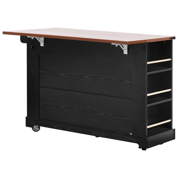 53'' Farmhouse Kitchen Island with Two Tempered Glass Cabinet Doors, Power Outlet, Rolling Kitchen Cart on Wheels with Drop Leaf, 5 Open Side Racks, 3 Drawers, for Kitchen, Dining Room, Black - DTYStore
