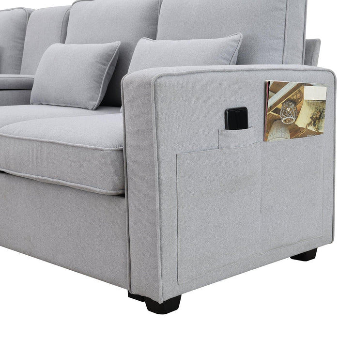 Modern Linen Fabric Sofa with Armrest Pockets and Pillows, Minimalist Style Couch