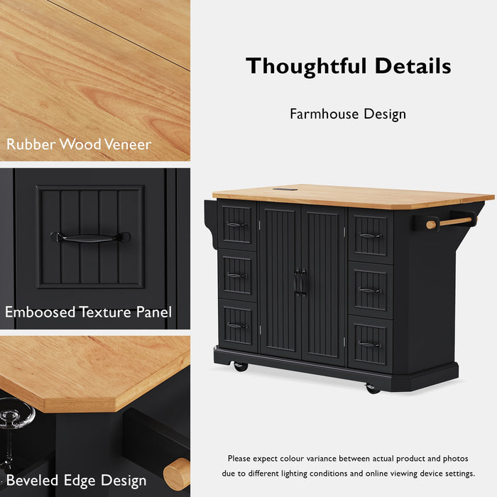 56 inch Kitchen Island with Rubber Wood Veneer Drop Leaf, Power Outlet, 4 Door Shelves, Embossed Vertical Stripe Rolling Kitchen Cart on 4 Wheels with 6 Deep Drawers for Kitchen, Dining Room,Black - DTYStore