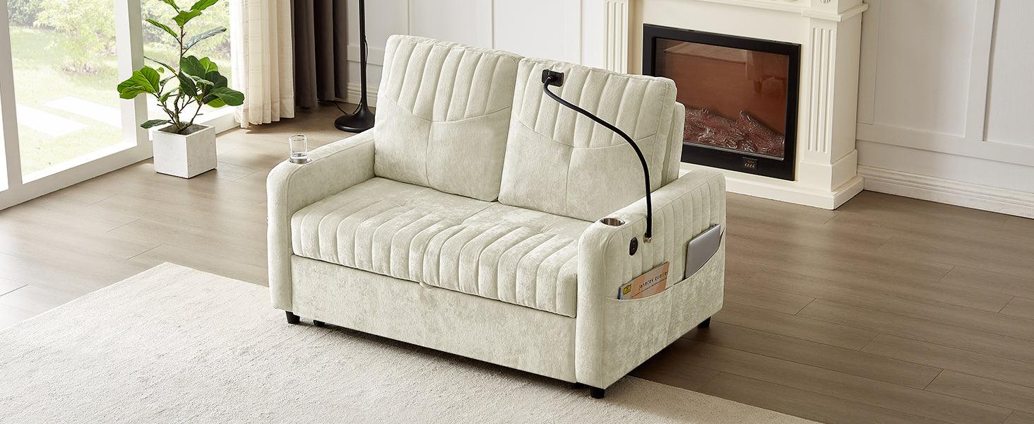 53.9" Modern Loveseat Pull-out Sofa Bed with Adjustable Backrest, Two Cup Holders , a Phone Holder, Three Charging Ports and Side Storage Pockets for Living Room, Beige