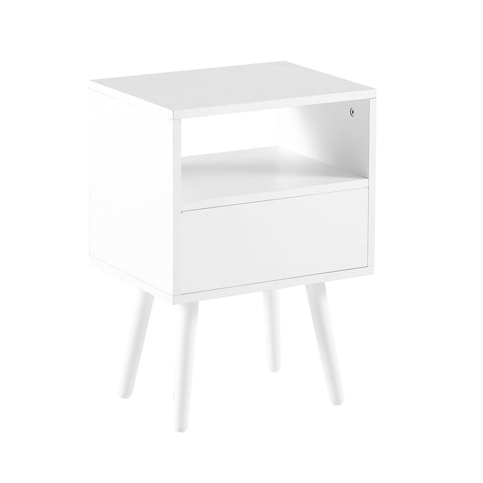 15.75" Rattan End table with drawer and solid wood legs, Modern nightstand, side table for living room, bedroom, white - DTYStore