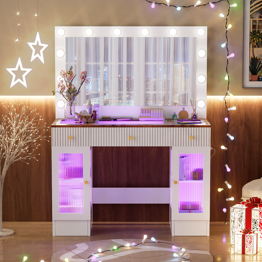 43.3' Vanity Desk with Large Mirror and Hollywood Bulbs, Modern Glass Top Makeup Vanity with Drawers and Power Outlet, Large Dressing Table with 3 Color Lighting Modes & RGB Cabinets for Bedroom - DTYStore