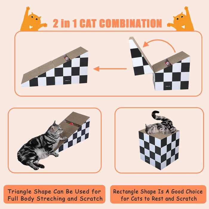 Cat Scratching Board with Ball, Triangle Cat Scratching Cardboard, Multiple Scratching Angles, 2-in-1 Scratching Lounge Bed, Recyclable and Durable, Furniture Protector, Black and White - DTYStore