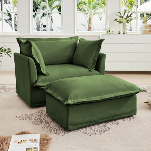 Upholstered Slipcovered Armchair with Ottoman, Deep Seat Armchair W/ Wide Ottoman for Living Room, Armchair Sets with Large Soft Pillows(Set of 2),Chenille Fabric,Green - DTYStore