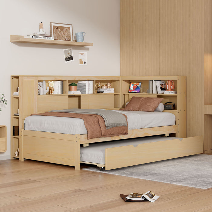 Twin Size Wood Daybed with Storage Shelves, USB and Trundle, Natural - DTYStore