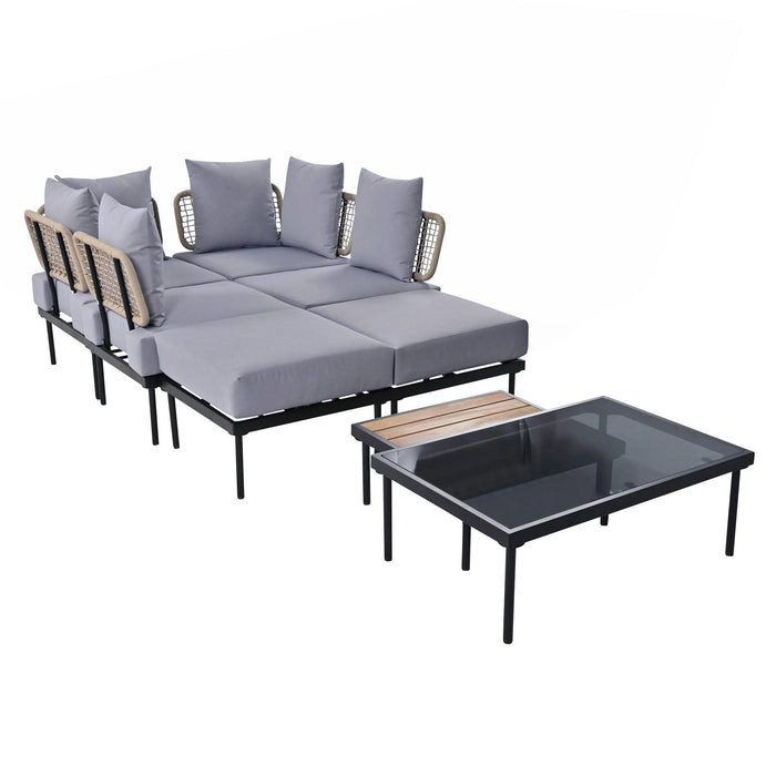 8-Piece Patio Sectional Sofa Set with Tempered Glass and Wooden Coffee Tables for Outdoor Oasis