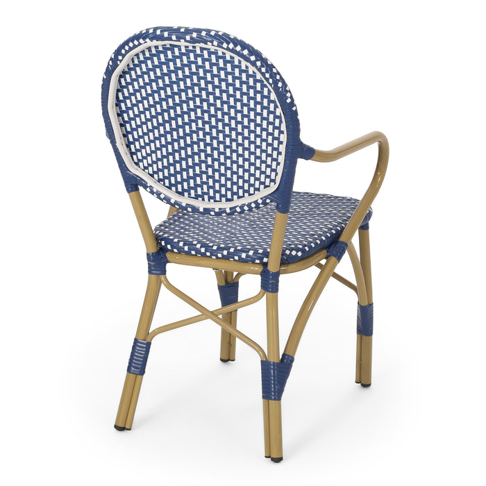Outdoor PE Rattan and Aluminum 3 Piece French Bistro Set, Dark Teal & White, and Bamboo Finish - DTYStore