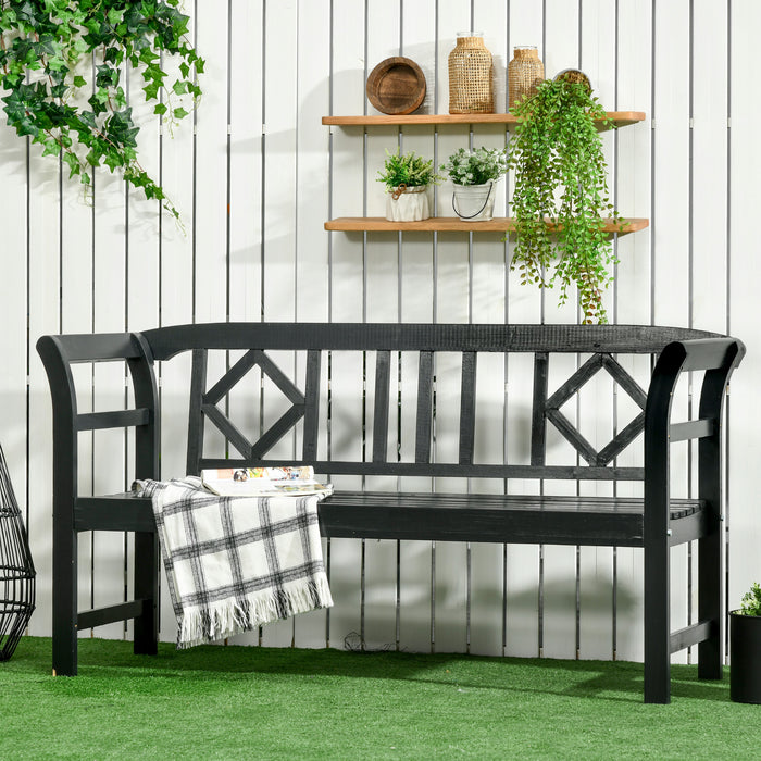 Outsunny Wooden Patio Bench, Outdoor Garden Bench with Backrest and Armrests, 3 Person Porch Bench with Rustic Country Diamond Pattern, Black - DTYStore