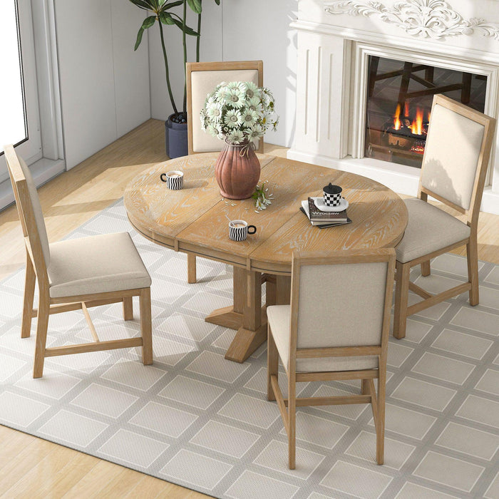 5-Piece Extendable Round Dining Set with Upholstered Chairs for Kitchen, Dining Room