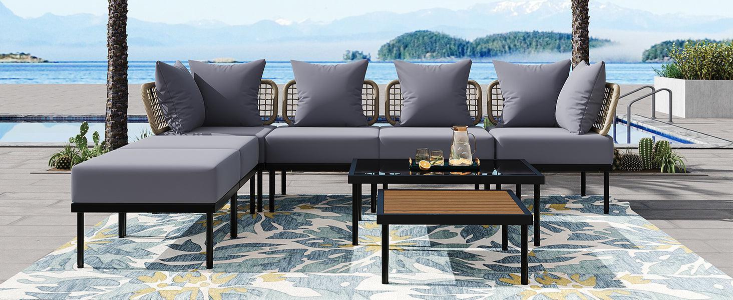 8-Piece Patio Sectional Sofa Set with Tempered Glass and Wooden Coffee Tables for Outdoor Oasis