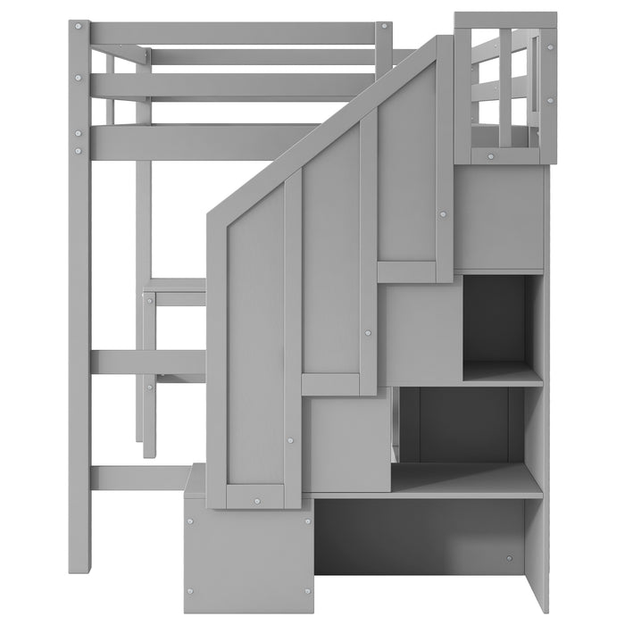 Full Size Loft Bed with L-Shaped Desk and Drawers, Cabinet and Storage Staircase, Gray - DTYStore