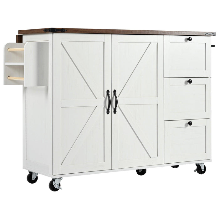 54.5" Farmhouse Kitchen Island with Power Outlet, Kitchen Storage Island with Internal Storage Rack, Drop Leaf, Spice Rack, Rolling Kitchen Cart on Wheels, for Home, Kitchen and Dining Room,White - DTYStore