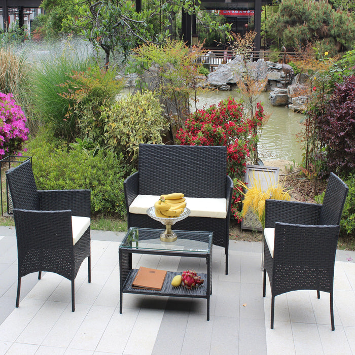 4 PC Rattan Patio Furniture Set Outdoor Patio Cushioned Seat Wicker Sofa (Beige Cushion) - DTYStore