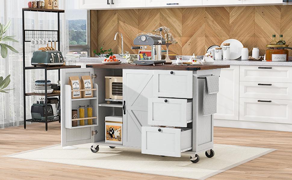 54.5" Farmhouse Kitchen Island with Power Outlet, Kitchen Storage Island with Internal Storage Rack, Drop Leaf, Spice Rack, Rolling Kitchen Cart on Wheels, for Home, Kitchen and Dining Room,White - DTYStore