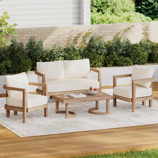 4-Pieces Acacia Wood Patio Furniture Set, Outdoor Furniture with Coffee Table, Patio Conversation Set Deep Seating with Soft Cushion, Porch Chairs for Garden, Backyard Porch Balcony, Brown wash, Beige - DTYStore