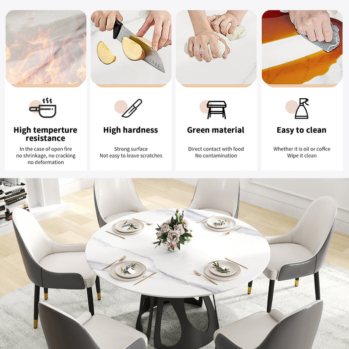 53" Round Marble Dining Table with Black Iron Metal Base, Artificial Marble for 6 People, Dining Room/Living Room Kitchen Dining Table,White (Dining Table Only) - DTYStore