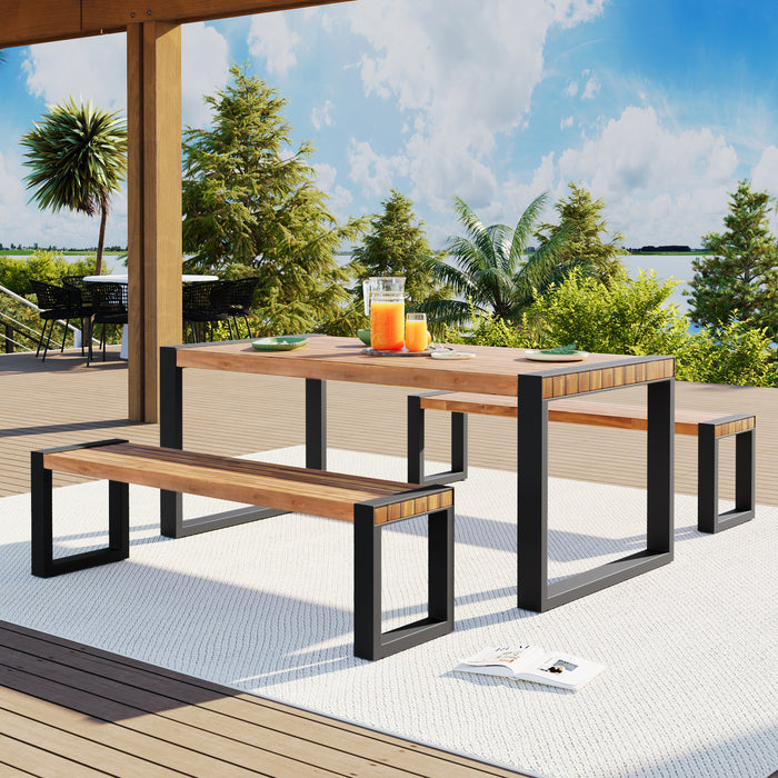 GO 3-pieces Outdoor Dining Table With 2 Benches, Patio Dining Set With Unique Top Texture, Acacia Wood Top & Steel Frame, All Weather Use, For Outdoor & Indoor, Natural - DTYStore