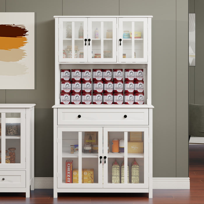 71' Pantry Storage Cabinet with Microwave Oven Countertop, Freestanding Hutch Cabinet with 3 Adjustable Shelves, 5 glass Doors and 1 Large Drawer-White - DTYStore