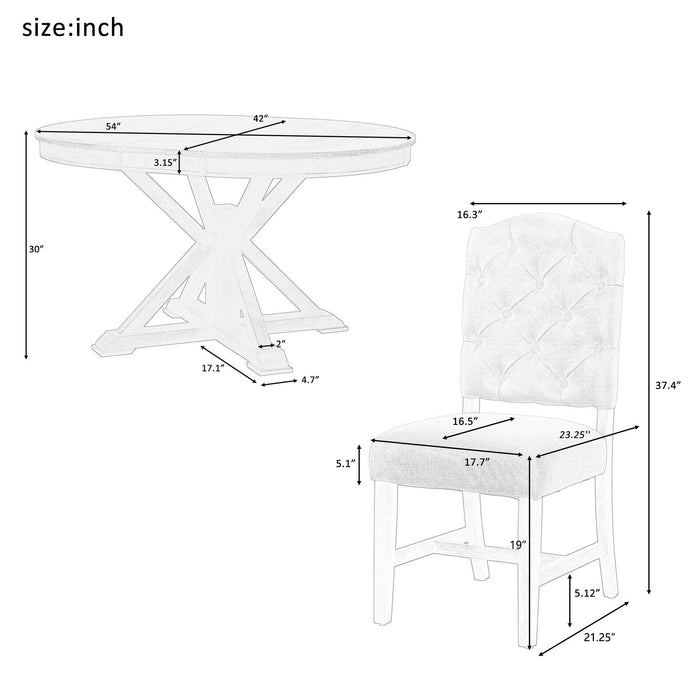 Functional Furniture Retro Style Dining Table Set with Extendable Table and 4 Upholstered Chairs for Dining Room and Living Room