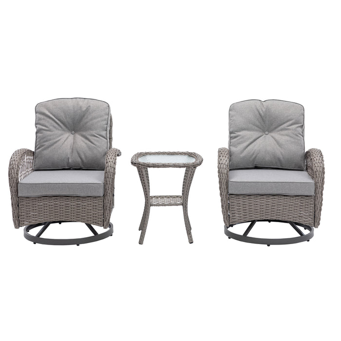 3 Pieces Outdoor Swivel Rocker Patio Chairs, 360 Degree Rocking Patio Conversation Set with Thickened Cushions and Glass Coffee Table for Backyard, Grey - DTYStore