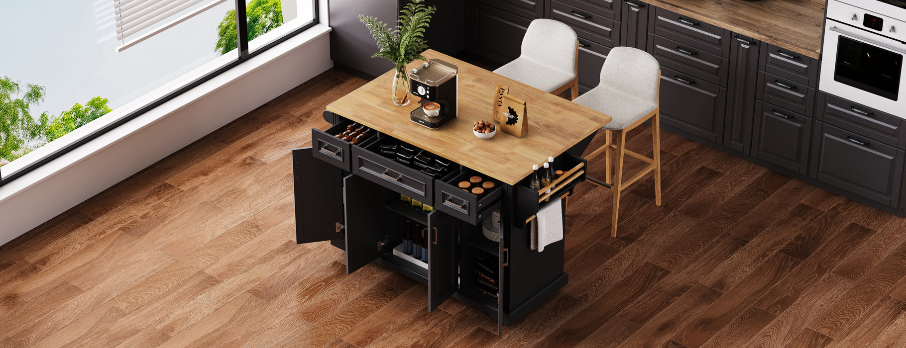 54inch Large Kitchen Island with Rubber Wood Drop Leaf, Embossed Texture Rolling Kitchen Cart on 4 Wheels with 4 Doors and 3 Drawers, Kitchen Island with Storage for Kitchen, Dining Room,Black - DTYStore